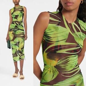 Louisa Ballou Heatwave Printed Mesh Ruched Midi Dress Green Black XS Designer